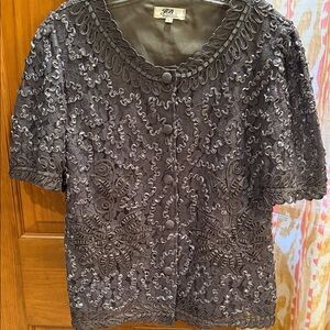 JB Collections Vintage Charcoal Gray  Embroidered Button Front Blouse